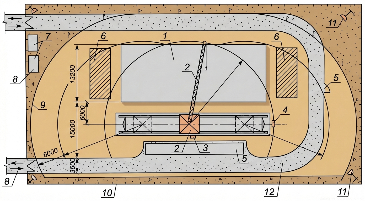 Рис. 1 — Стройгенплан (СГП) с детализацией работы башенного крана на рельсовом ходу, сети временных дорог и складской логистики площадки
