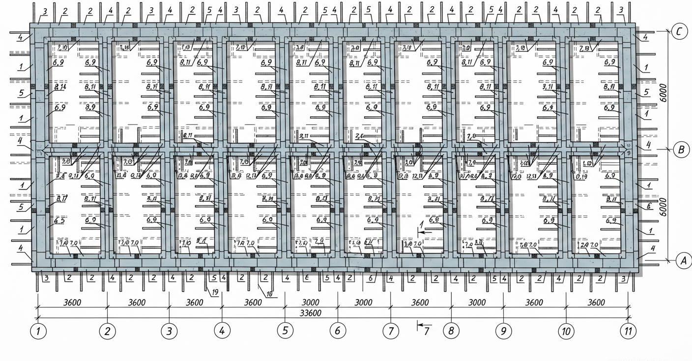 Рис. 1 — План раскладки сборных ленточных фундаментов с указанием расположения фундаментных плит (подушек) и блоков