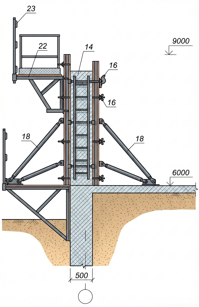 Рис. 1 — Сборка крупнощитовой стеновой опалубки со встроенными консольными подмостями и регулируемыми подкосами для бетонирования стен/колонн