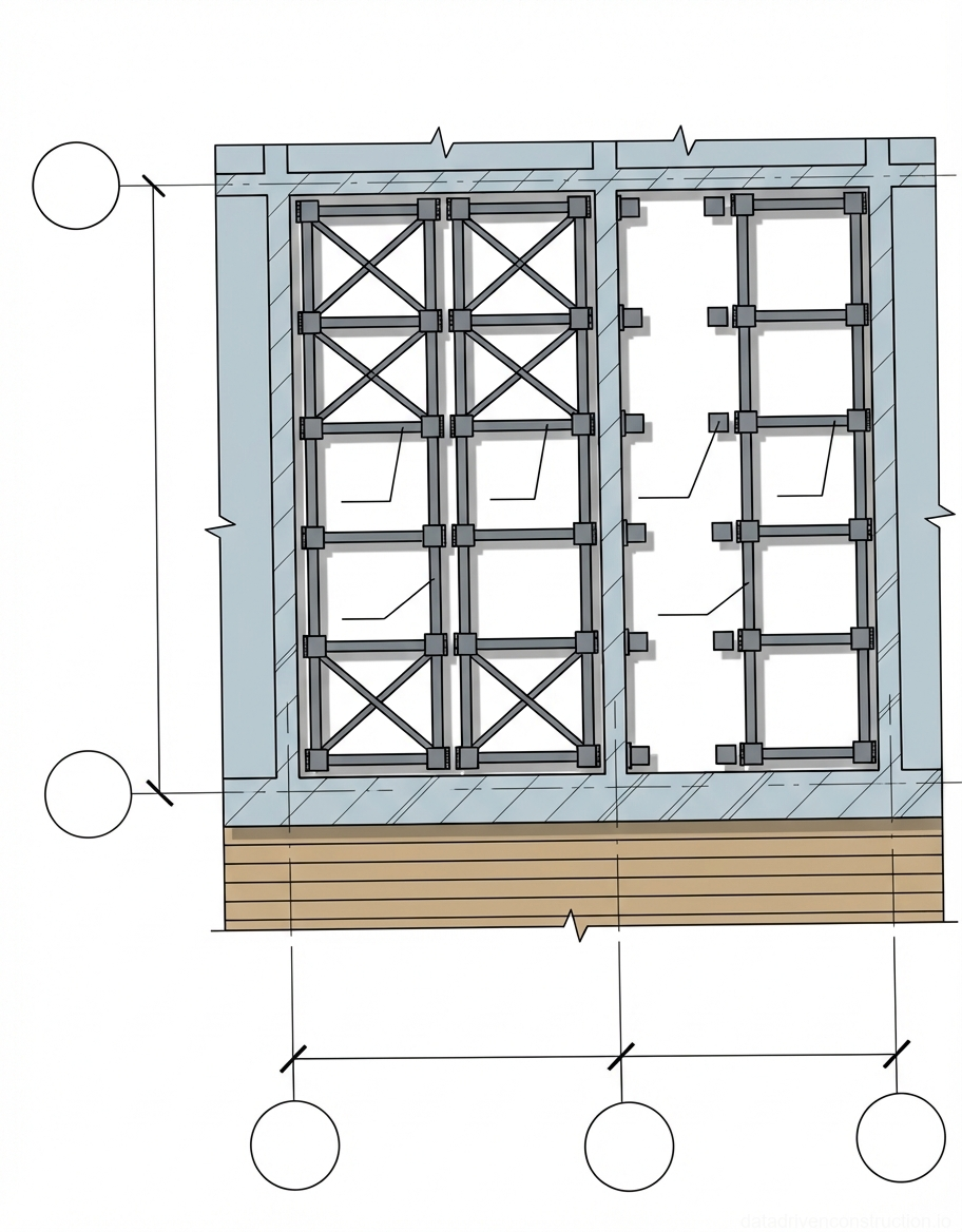 Рис. 1 — Схема монтажа опорных рам, стоек и диагональных связей в ячейке перекрытия