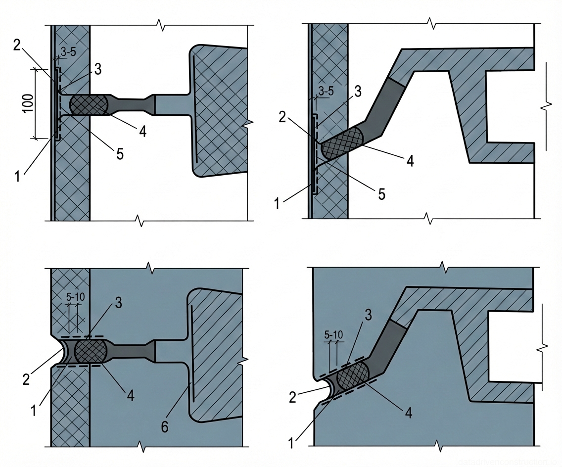 Рис. 1 — Конструктивные решения для стыков закрытого типа в крупнопанельных жилых зданиях, иллюстрирующие вертикальную (а) и горизонтальную (б) конфигурации для Варианта 1 (с бутилкаучуковой мастикой «Гермабутил») и Варианта 2.