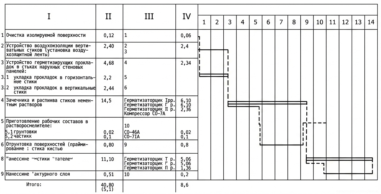Таблица 1 — График работ по герметизации стыков в панелях, подробно описывающий трудозатраты, состав бригады, используемое оборудование и продолжительность задач.