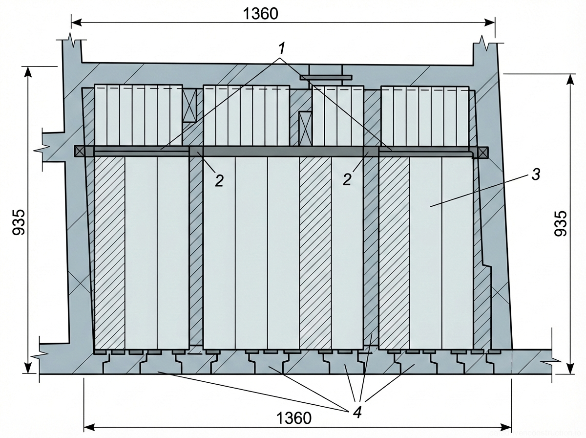 Рис. 1 — Поперечный разрез футеровки стены промышленной печи с детализацией раскладки кирпича и температурных швов