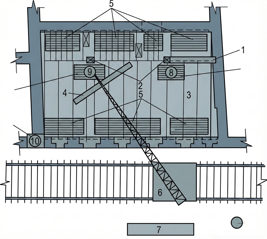 Рис. 1 — Стройгенплан с детализацией зоны работы башенного крана, площадок складирования материалов и мест монтажа конструкций