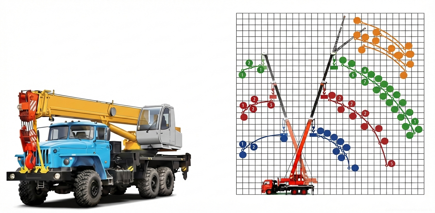 Fig. 1 — Load charts for a mobile crane indicating lifting capacities for various boom lengths (9.7m, 15.7m, 21.7m) and jib extensions (6m, 9m) across different working radii.