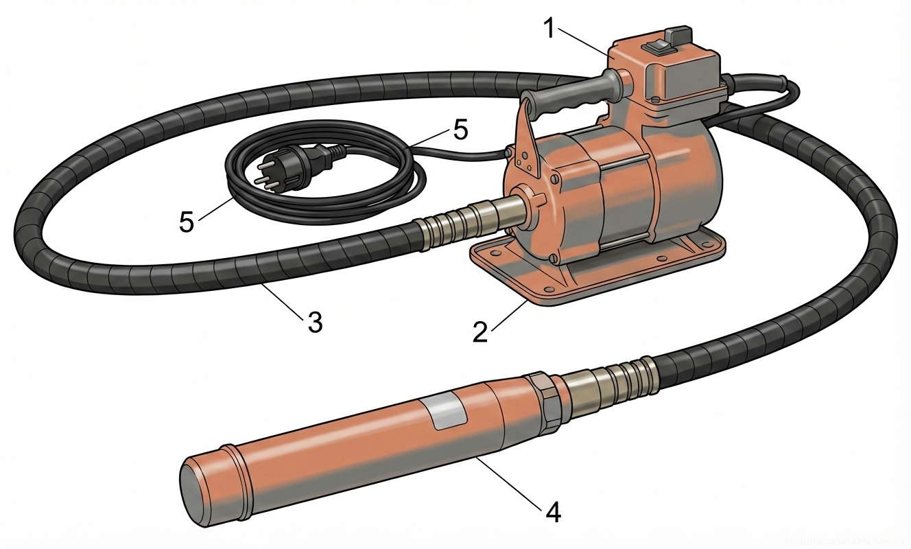 Fig. 1 — Portable internal concrete vibrator assembly showing drive unit, flexible shaft, and vibrating head