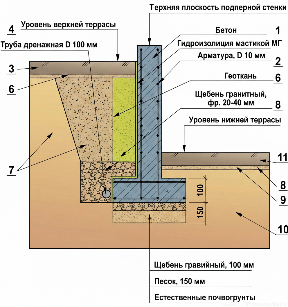 Fig. 1 — Technical cross-section of an L-shaped reinforced concrete retaining wall detailing the structural reinforcement, multi-layer drainage system, and foundation preparation
