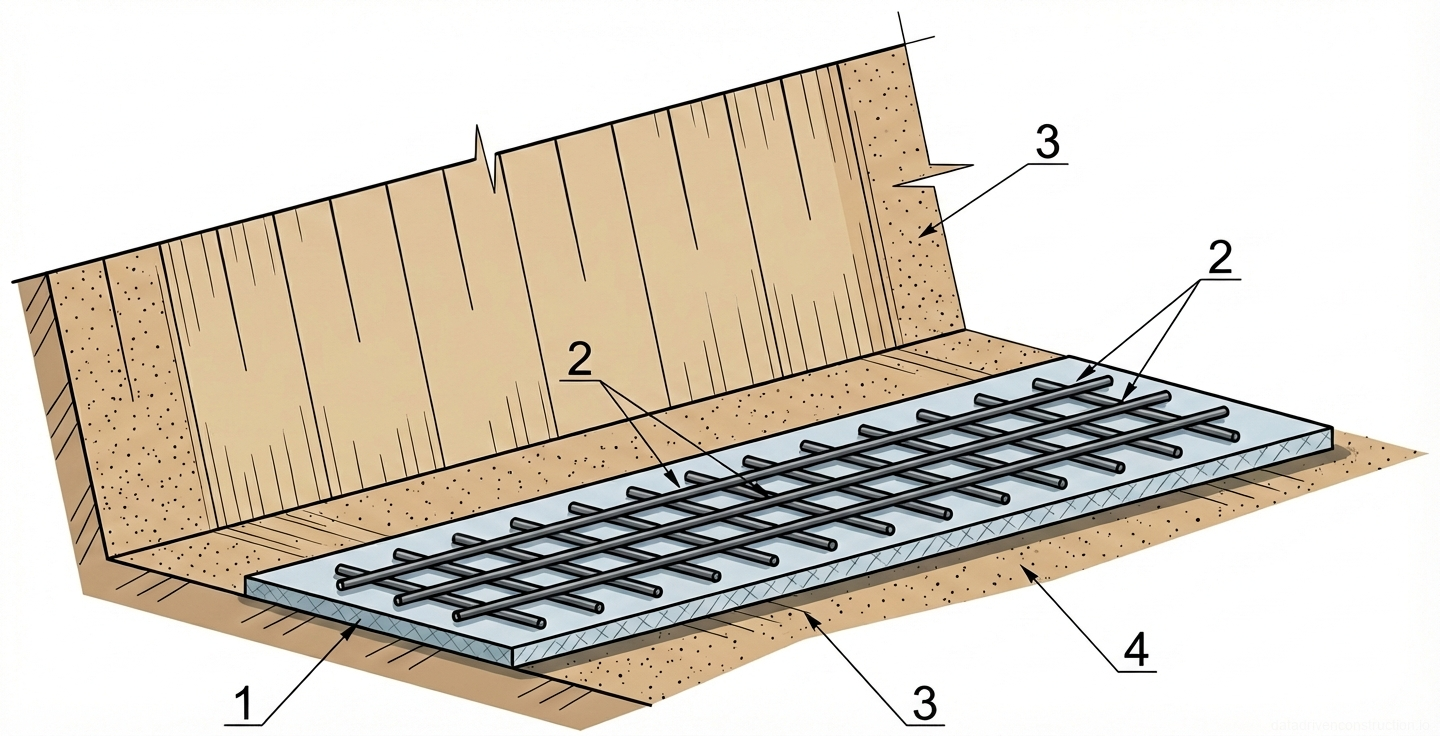 Fig. 1 — Perspective view of a trench excavation showing the leveling layer and reinforcing mesh for a foundation slab