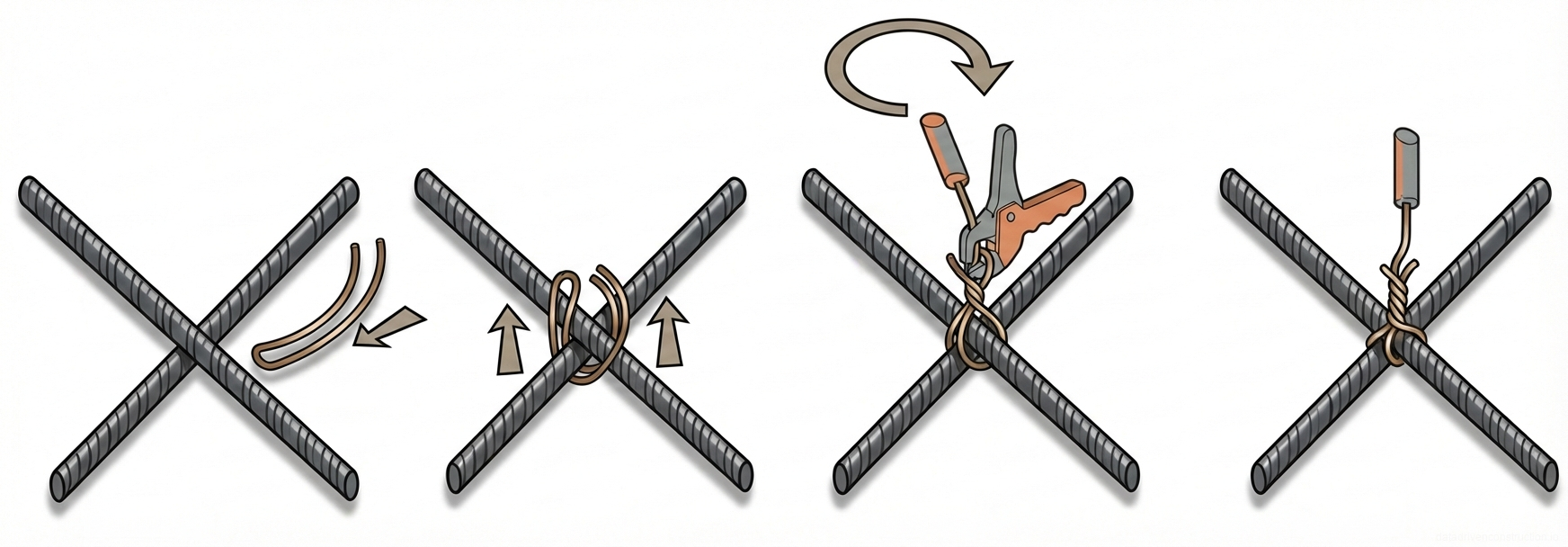 Fig. 1 — Sequential manual tying process for orthogonal reinforcing steel bar intersections using annealed wire and a manual tying hook