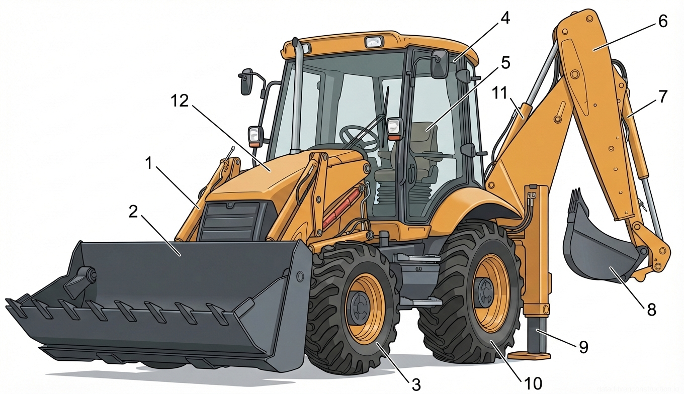 Fig. 1 — General arrangement and principal mechanical components of a heavy-duty diesel-powered backhoe loader