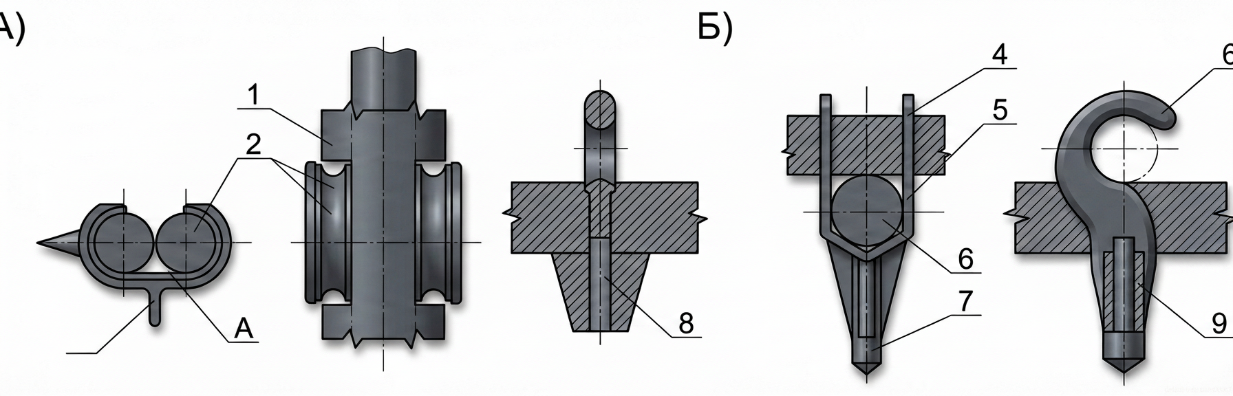 Fig. 1 — Details of mechanical wedge clamp assemblies used for non-welded lap splices and orthogonal cross-connections of structural reinforcement bars