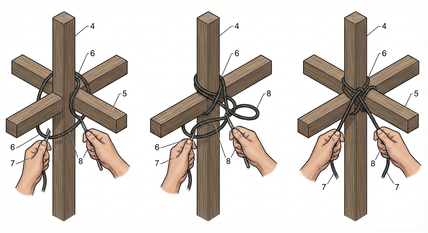 Fig. 1 — Step-by-step procedure for executing a diagonal lashing knot on intersecting cylindrical members