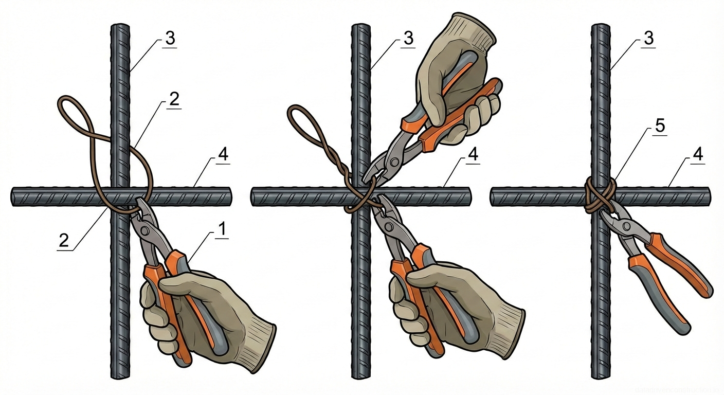 Fig. 1 — Sequence of tying intersecting reinforcement bars with wire and nippers