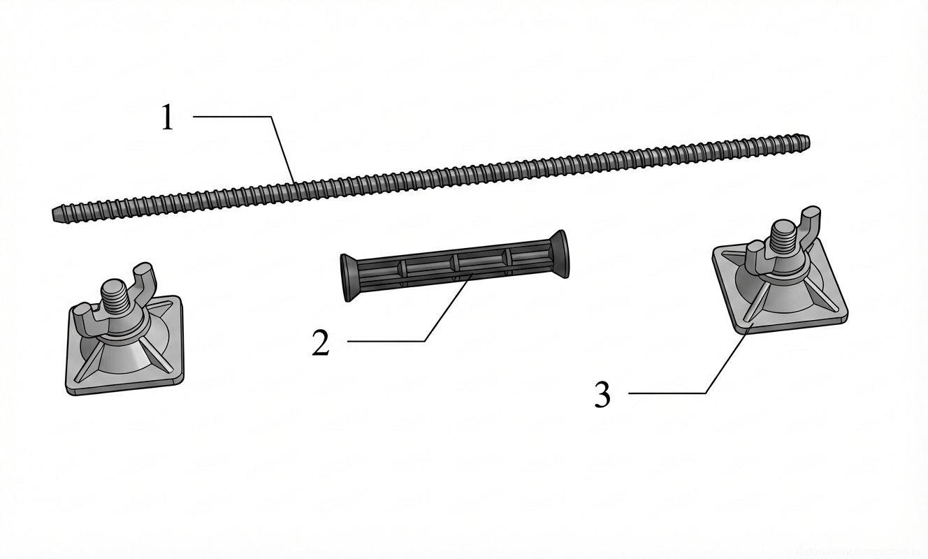 Fig. 1 — Components of a standard reusable formwork tie rod assembly for reinforced concrete wall construction