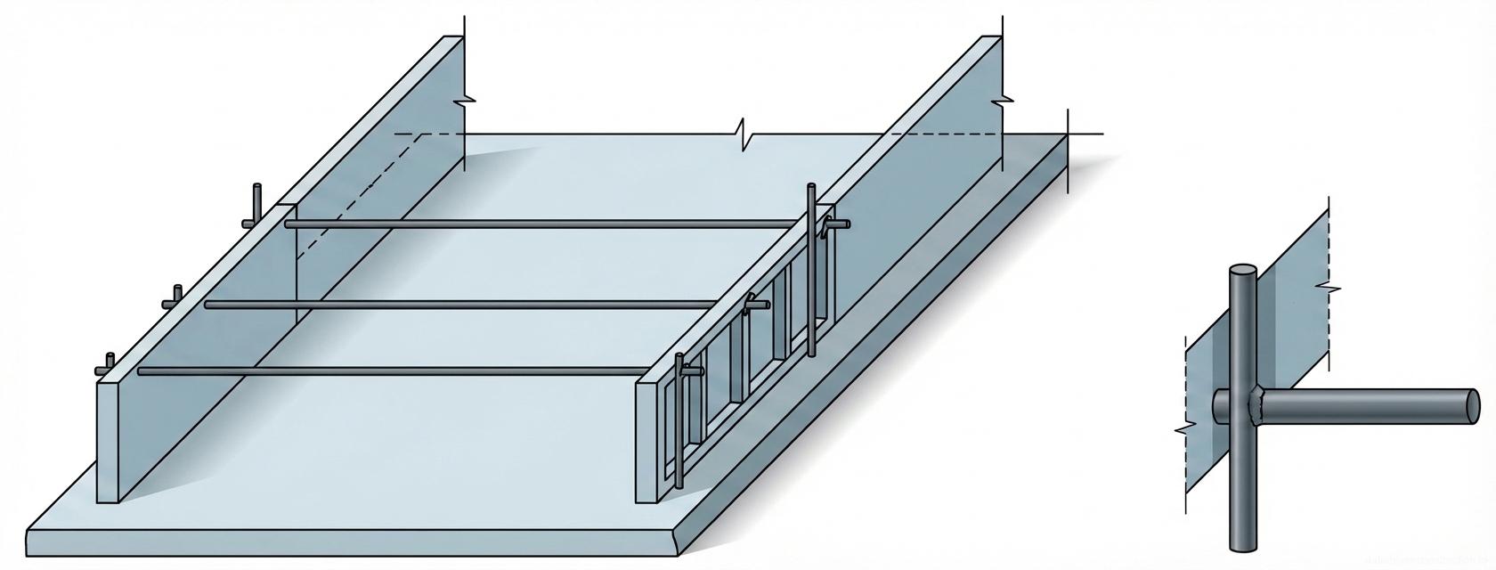 Fig. 1 — Isometric diagram and detail view of parallel reinforced concrete walls structurally connected by welded transverse steel tie rods
