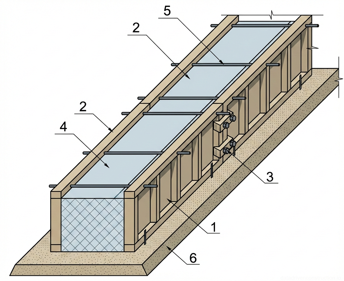 Fig. 1 — Isometric view of wooden formwork assembly for a continuous concrete foundation wall, detailing panels, studs, ties, and lateral bracing elements.