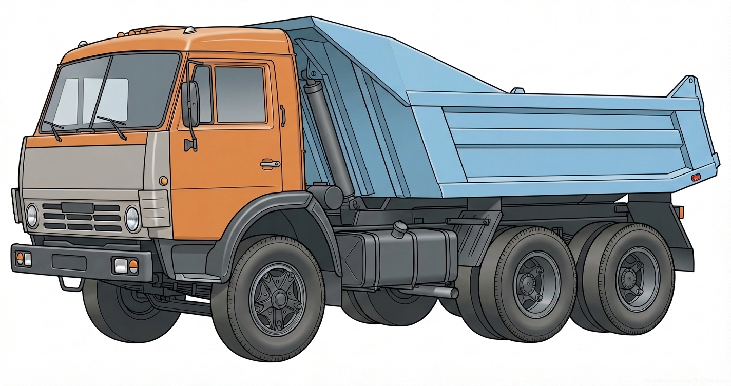 Fig. 1 — KamAZ heavy-duty dump truck showing cab, chassis, and hydraulic rear-tipping cargo body