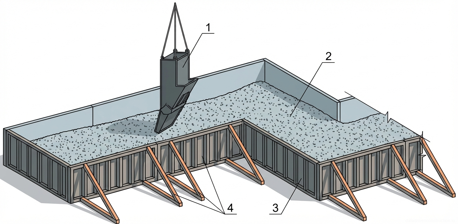 Fig. 1 — Pouring of a concrete foundation using a suspended hopper and modular formwork system