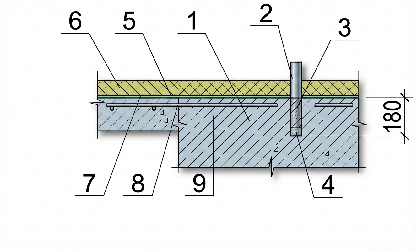 Fig. 1 — Cross-section detail of a post-installed steel anchor embedded 180mm into a reinforced concrete substrate through thermal insulation and vapor barrier layers