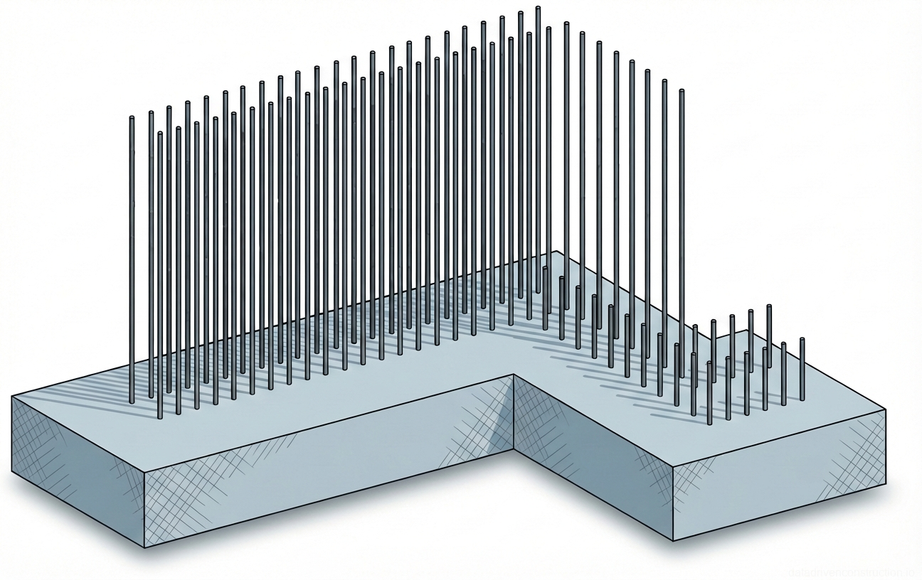 Fig. 1 — Isometric view of a cast-in-place reinforced concrete foundation slab detailing vertical starter bars and main vertical reinforcement for a corner wall structure