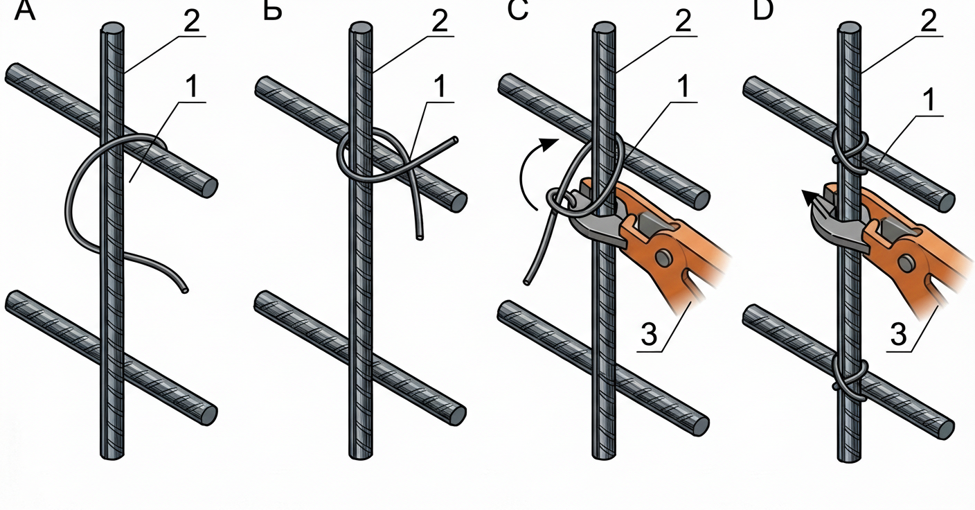 Fig. 1 — Sequential procedure for manual tying of reinforcing steel bars in a lap splice using annealed tie wire and a twisting hook tool