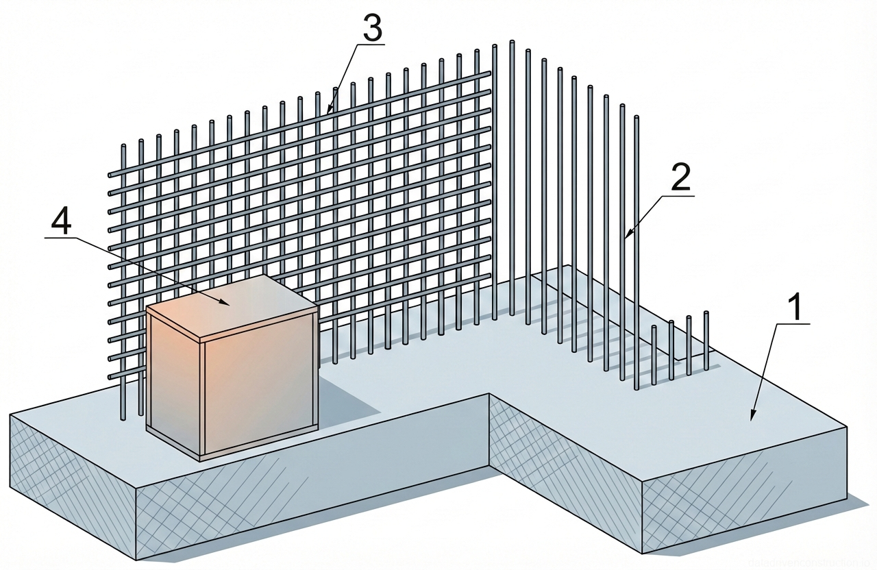 Fig. 1 — Layout of vertical reinforcement and support structure for a reinforced concrete wall on a foundation slab