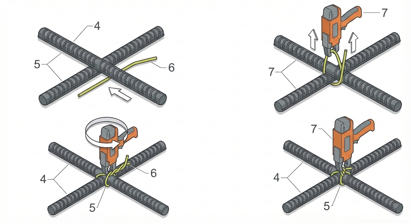 Fig. 1 — Sequential procedure for tying intersecting reinforcing bars using a specialized twisting tool.