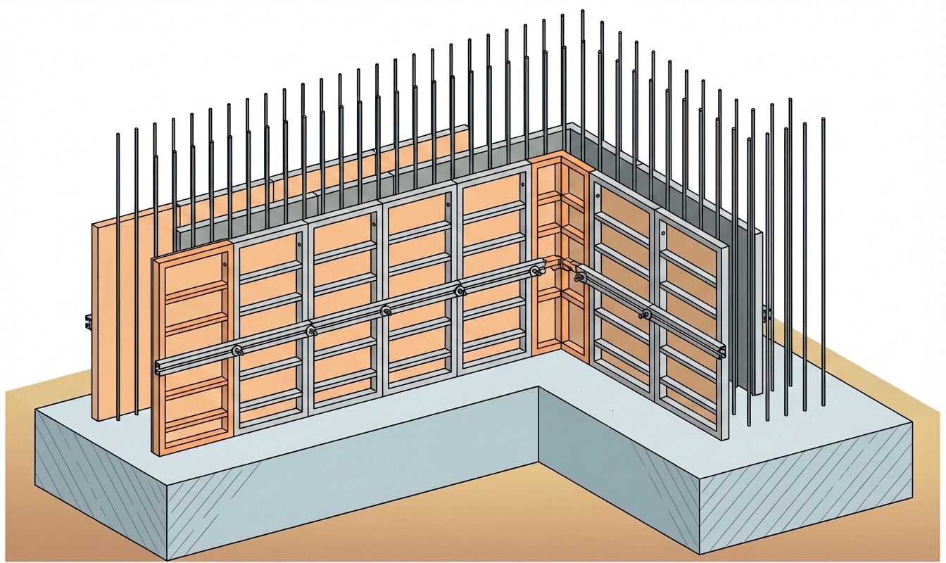 Fig. 1 — Assembly of modular wall formwork with internal corner panel and horizontal waler system on a concrete foundation