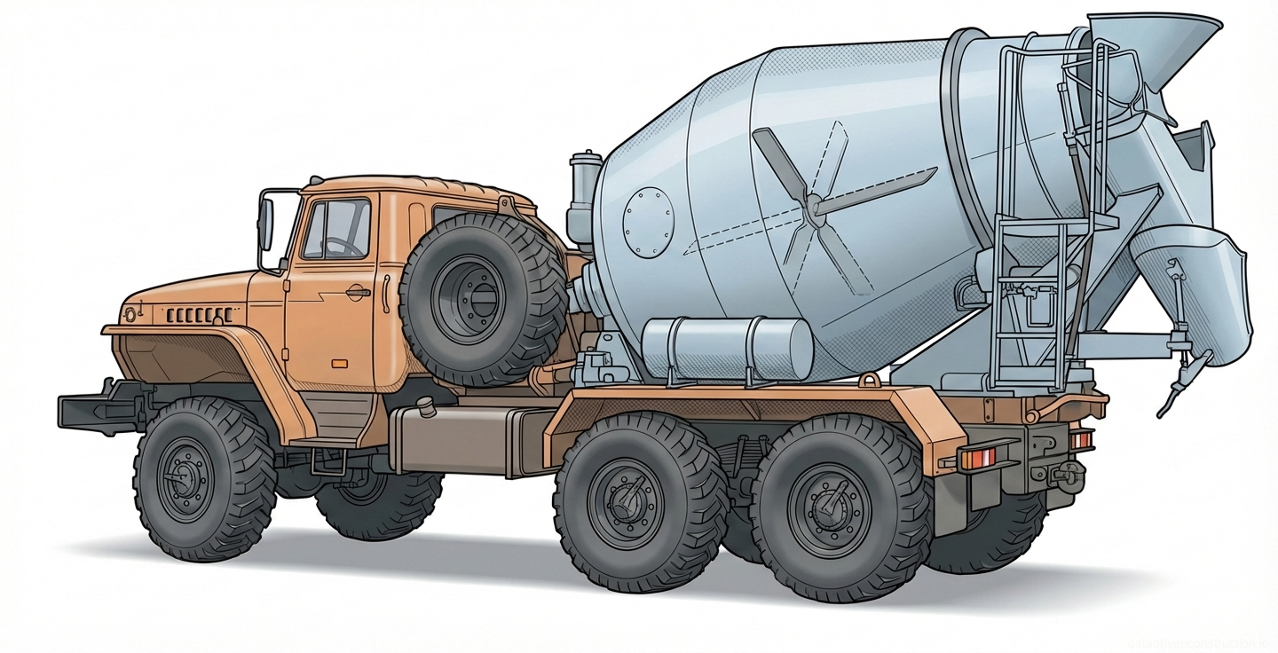 Fig. 1 — General view of a heavy-duty off-road concrete mixer truck detailing chassis, mixing drum, and auxiliary concrete handling systems.