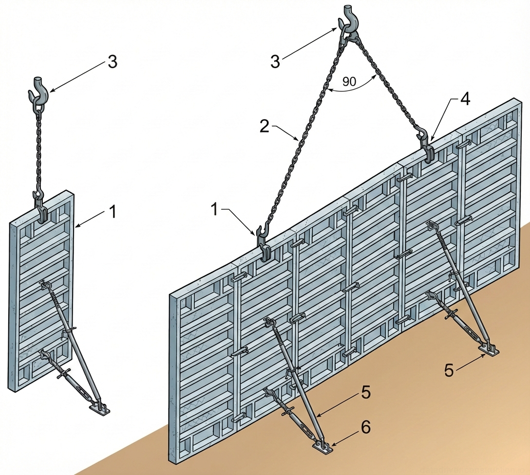 Fig. 1 — Rigging and hoisting configuration for modular large-area wall formwork panels, illustrating lifting components and temporary plumbing struts