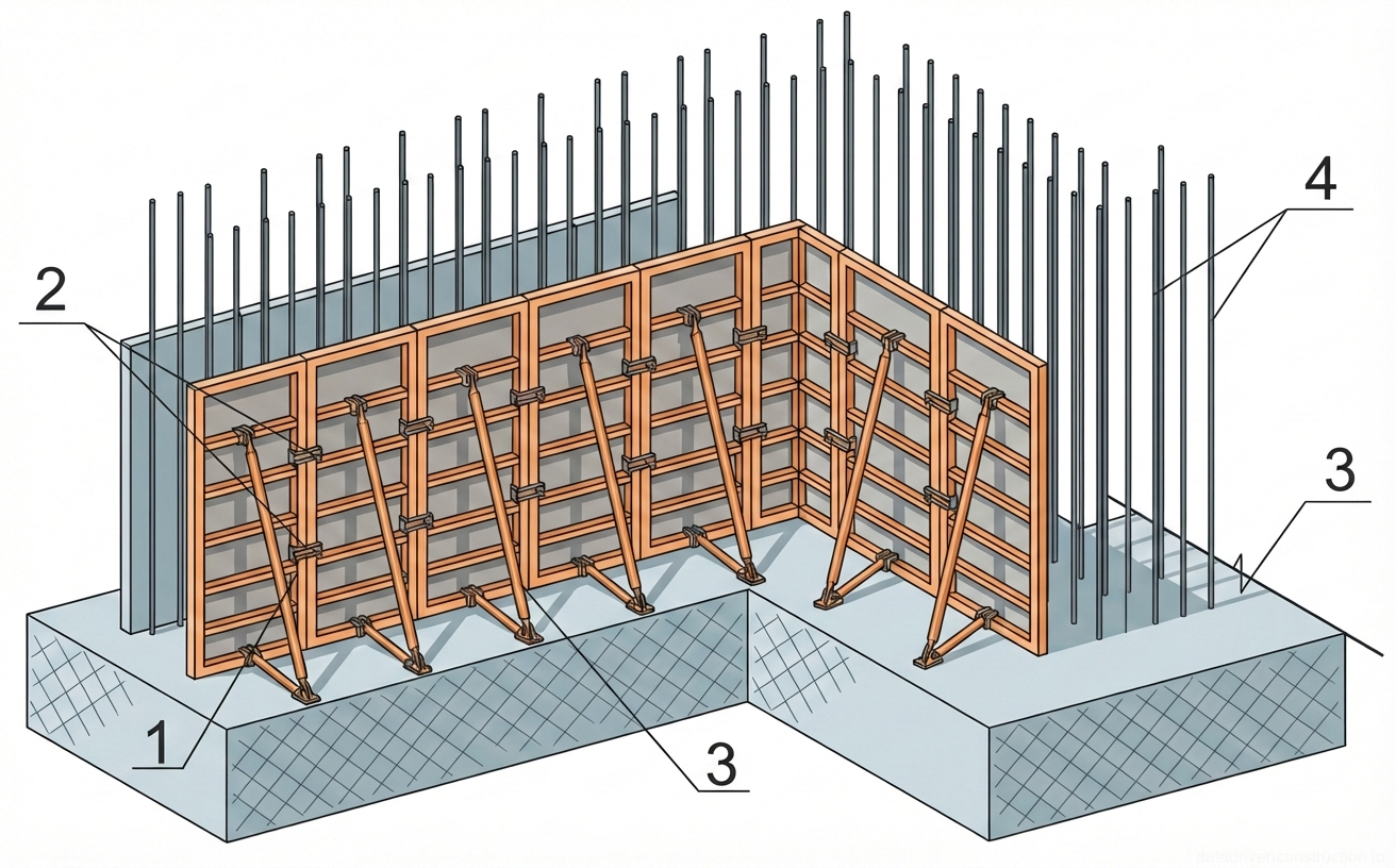 Fig. 1 — Assembly of modular wall formwork with adjustable diagonal supports on a concrete foundation