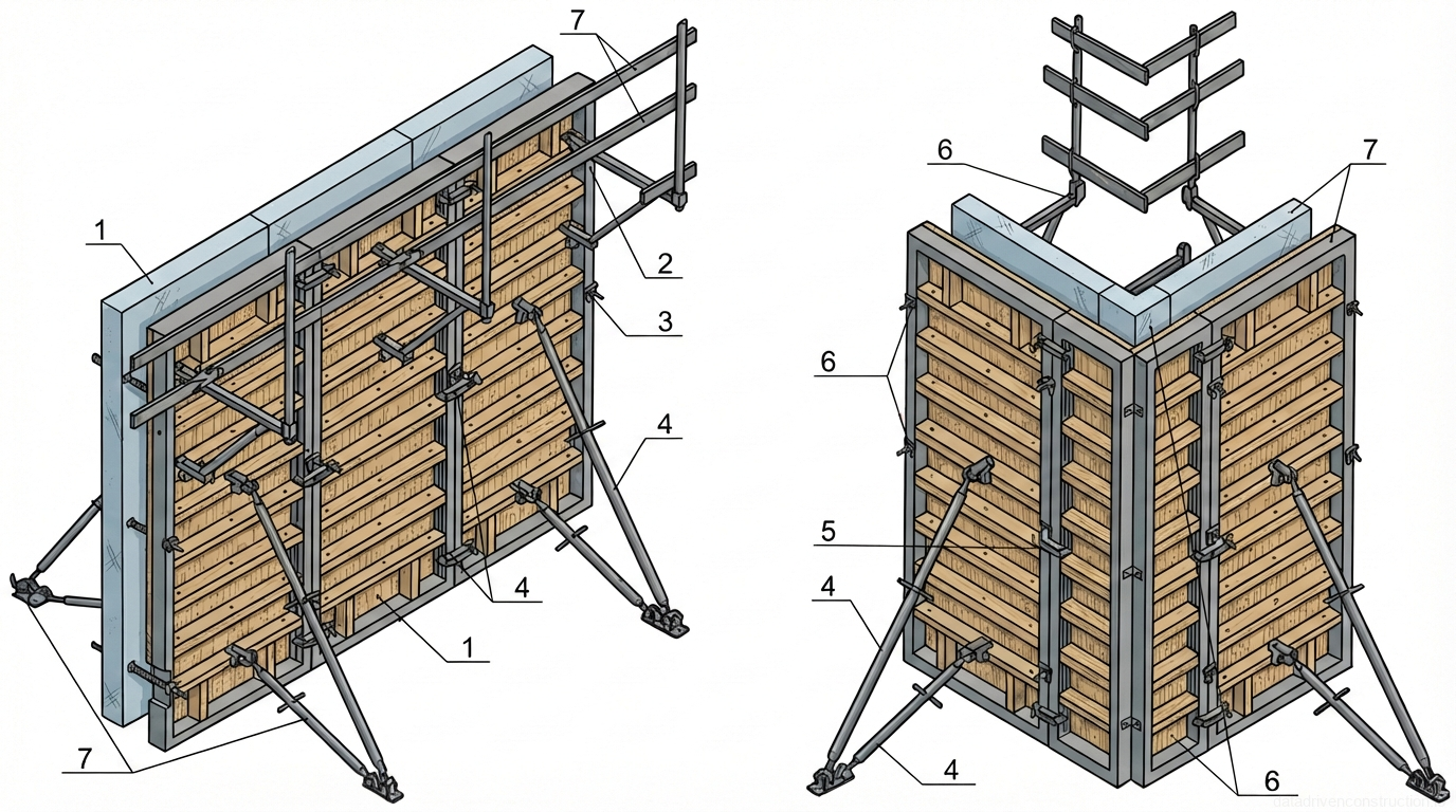 Fig. 1 — Assembly diagram of modular panel formwork system for straight and corner vertical concrete walls
