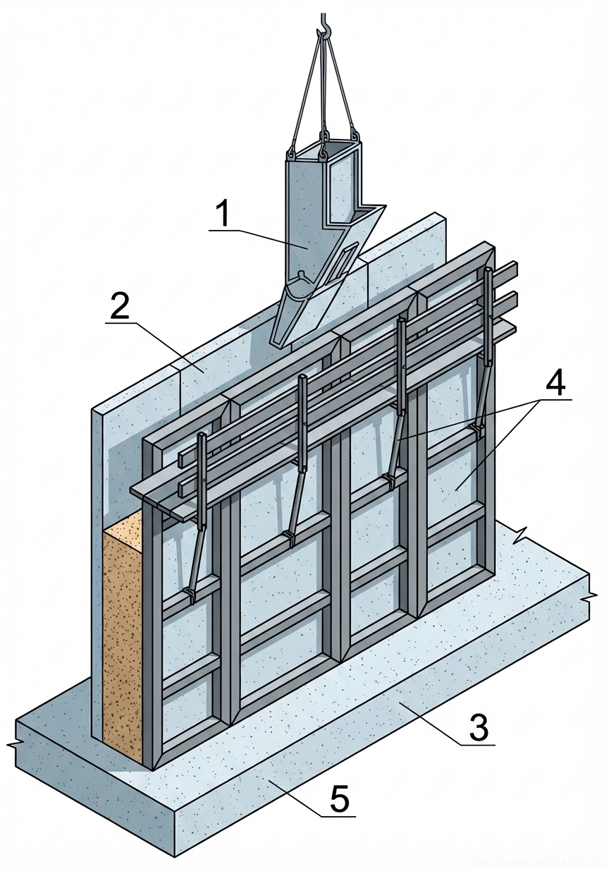 Fig. 1 — Construction of a monolithic concrete wall showing formwork assembly, concrete pouring bucket, and integrated work platform