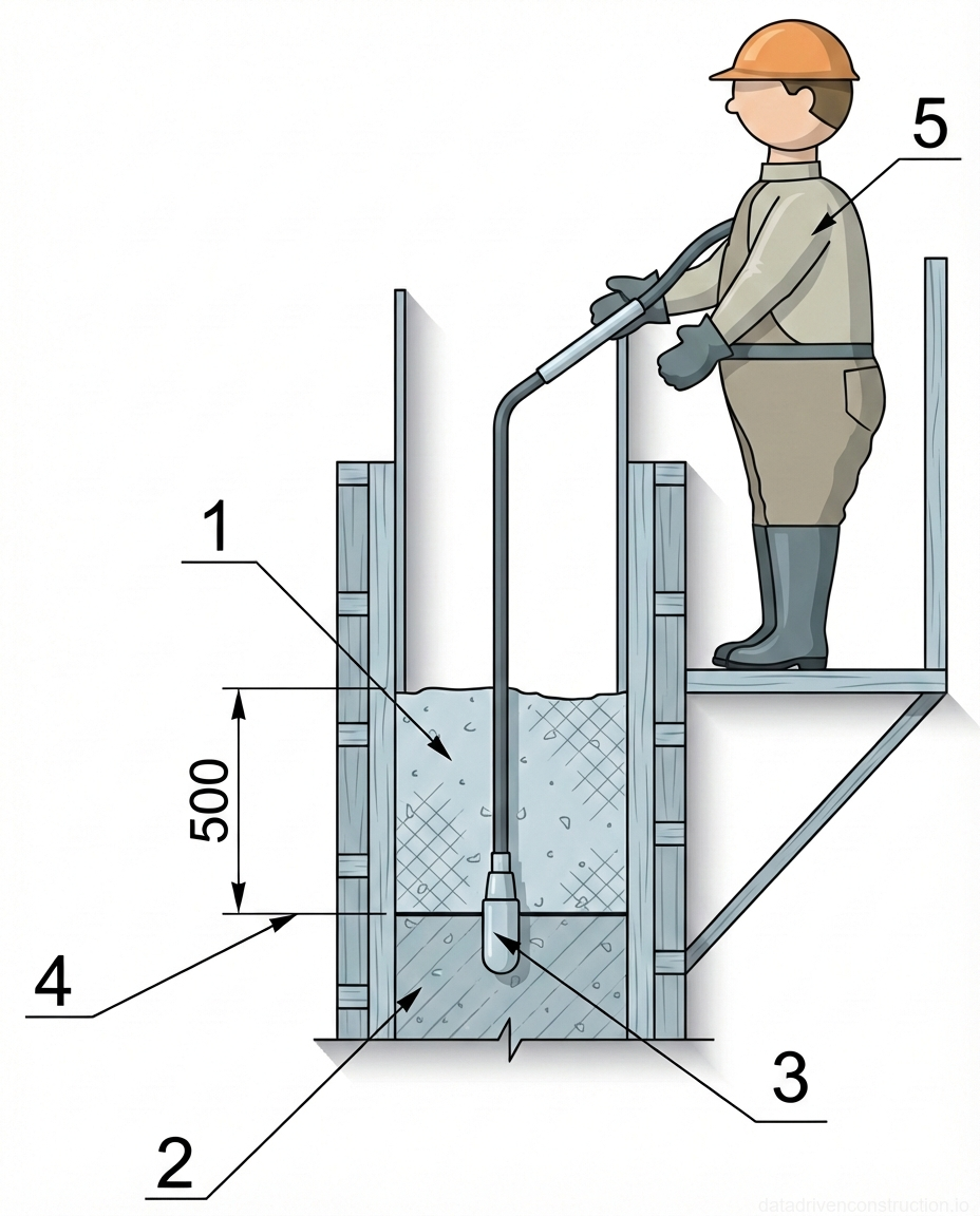 Fig. 1 — Cross-section of vertical formwork illustrating the internal vibration method for consolidating freshly poured concrete in layered placements
