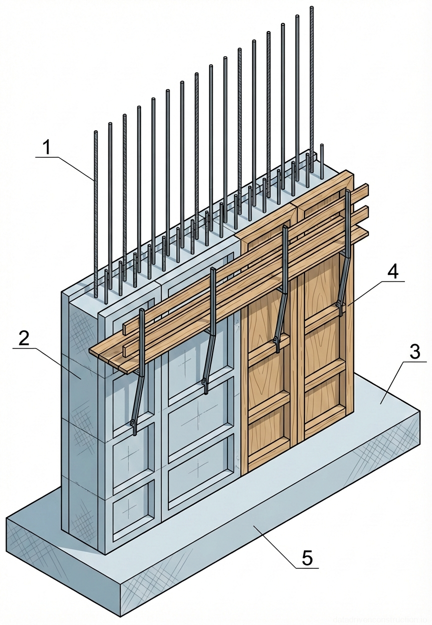 Fig. 1 — Isometric view of wall formwork assembly with scaffolding brackets and vertical reinforcement