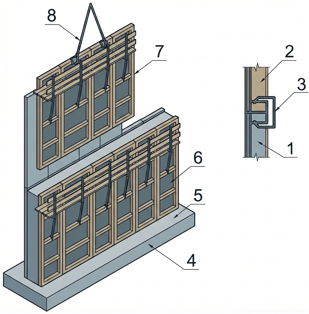 Fig. 1 — Assembly and vertical stacking of large-panel formwork system for cast-in-place concrete walls, detailing panel connections and alignment hardware