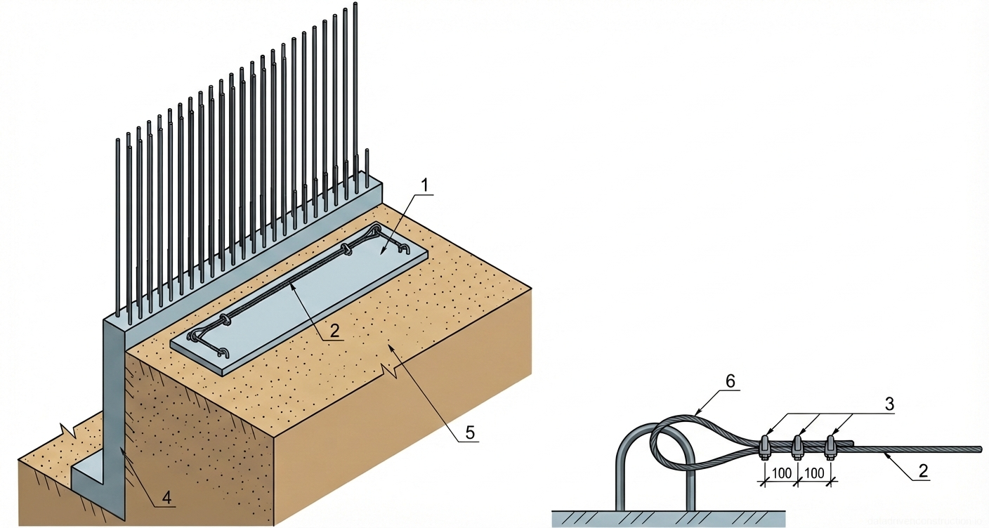 Fig. 1 — Isometric view and detail of a retaining wall system with an anchored concrete slab and steel cable tensioning assembly