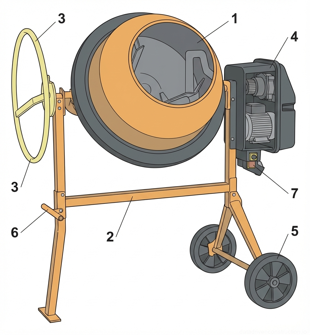 Fig. 1 — General arrangement of a portable electric concrete mixer showing mixing drum, structural frame, drive unit, and tilt control mechanisms