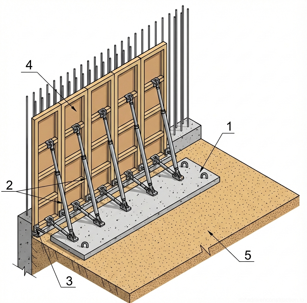 Fig. 1 — Isometric view of a single-sided wall formwork system supported by diagonal braces anchored to a foundation slab.