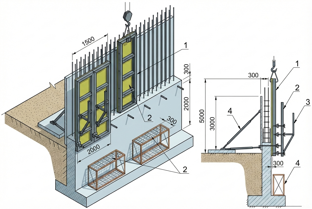Fig. 1 — Isometric and cross-sectional views demonstrating the installation and stabilization of large-panel wall formwork