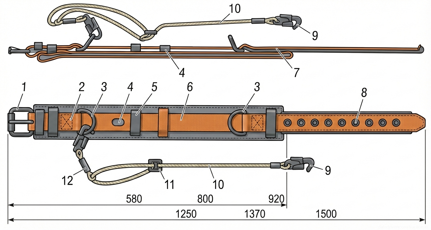 Fig. 1 — General arrangement and component detailing of an industrial work positioning safety belt and adjustable lanyard system