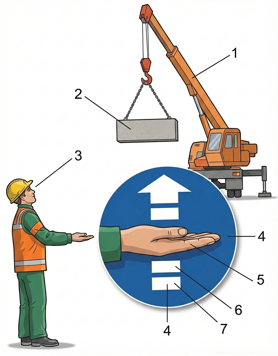 Fig. 1 — Standardized kinetic communication protocol detailing slinger positioning and the 'Hoist/Raise Load' visual hand signal for mobile crane hoisting operations
