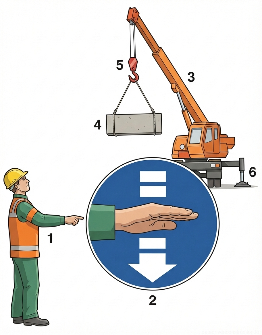 Fig. 1 — Standard operational hand signaling for mobile cranes: 'Lower Load' command execution