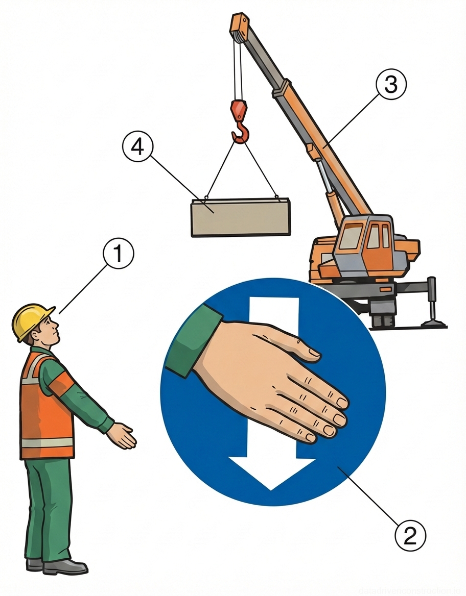 Fig. 1 — Standardized hand signaling for crane operations detailing the 'Lower load' command executed by a qualified rigger