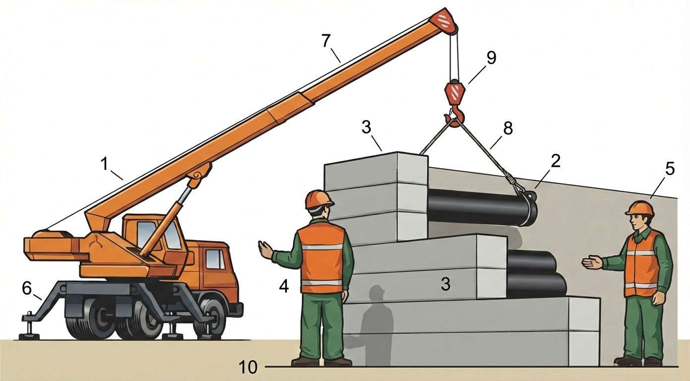 Fig. 1 — Material handling operations: Mobile truck crane lifting and positioning a large-diameter utility pipe onto a stepped storage stack using two-point rigging.