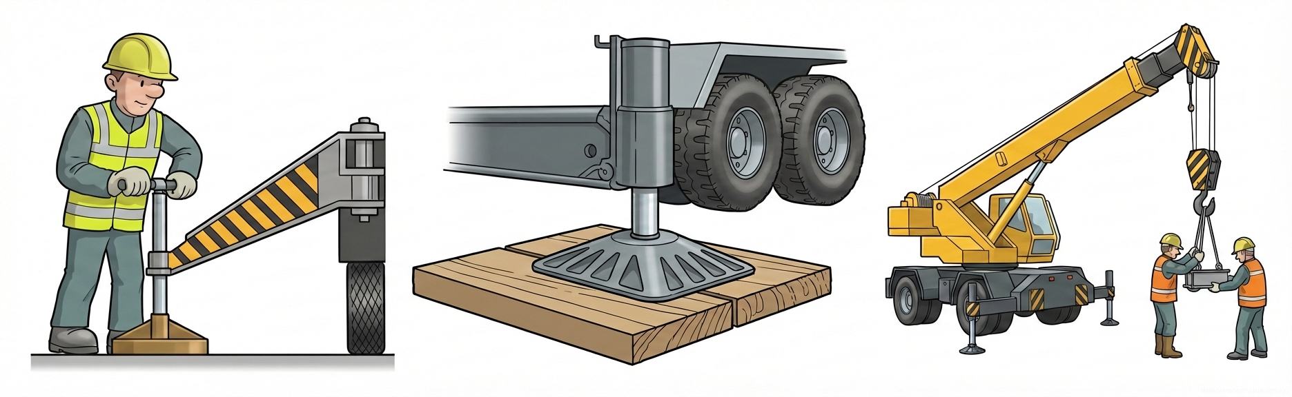 Fig. 1 — Proper deployment and load distribution setup for mobile crane outriggers, including manual extension, pad bearing on timber cribbing, and full operational stance.