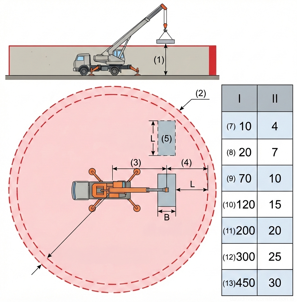 Fig. 1 — Determination of the danger zone boundary for a mobile crane based on lifting height and load dimensions