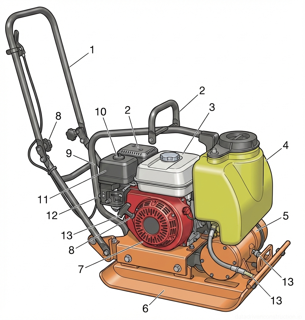 Fig. 1 — Components of a walk-behind vibratory plate compactor equipped with a water sprinkle system