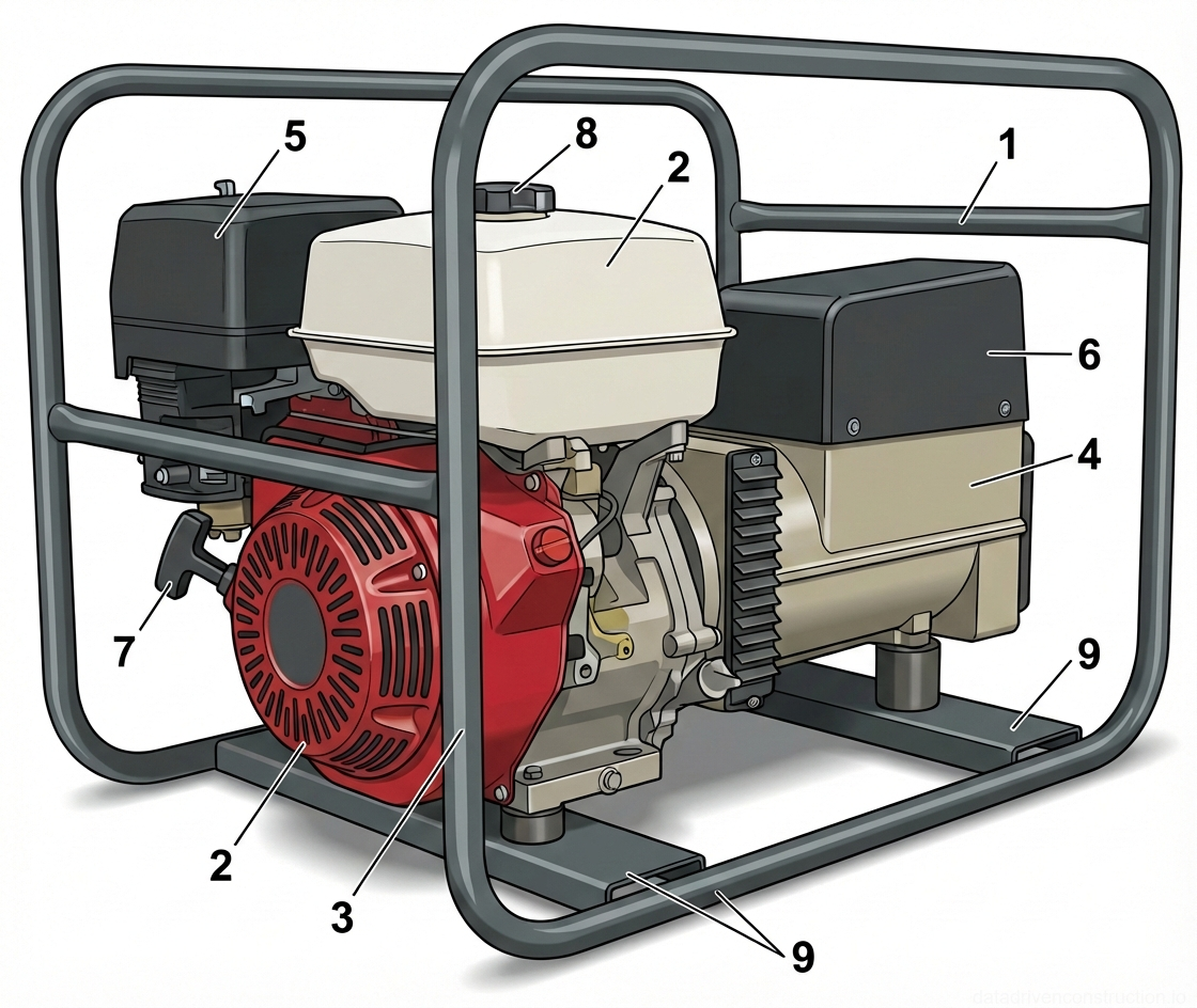 Fig. 1 — General arrangement and key components of a portable gasoline-powered electrical generator