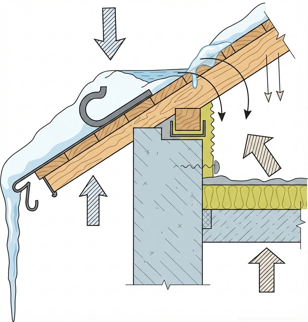 Рис. 2 — Зависимость теплопроводности снега от объемной массы При таянии снега от солнечной радиации и в периоды перехода температуры через нуль снизить интенсивность льдообразования можно путем вентиляции чердачного помещения. Однако исследованиями установлено, что весной и в осенне-зимний период это не дает заметных результатов. При солнечном облучении поверхности кровельного покрытия снег начинает таять и при низкой температуре наружного воздуха (рис.3) под действием теплоты стального листа кровли, нагретого солнцем
